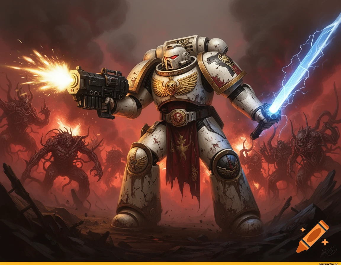 A white armored Warhammer 40k Space Marine fires a gun and wields a glowing sword against dark, horned demons on a fiery battlefield.