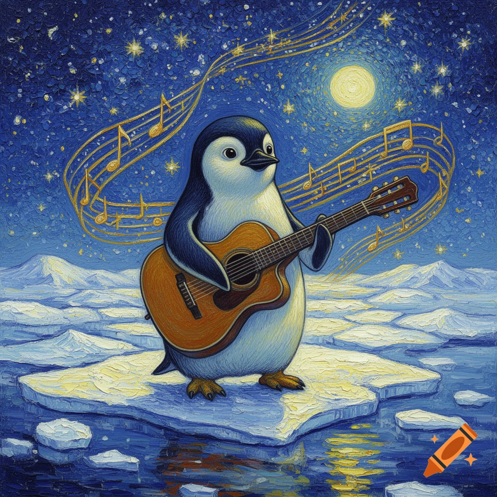 A cartoon penguin playing an acoustic guitar on an ice floe under a starry night sky with musical notes, in a Van Gogh-inspired painting.