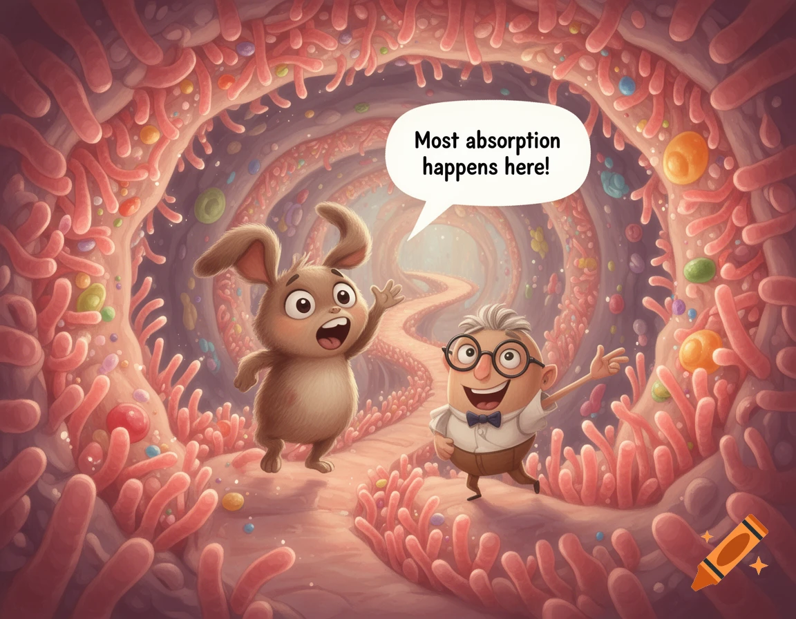 A cartoon bunny and an old man in glasses stand inside a small intestine lined with villi. The man says, 'Most absorption happens here!'