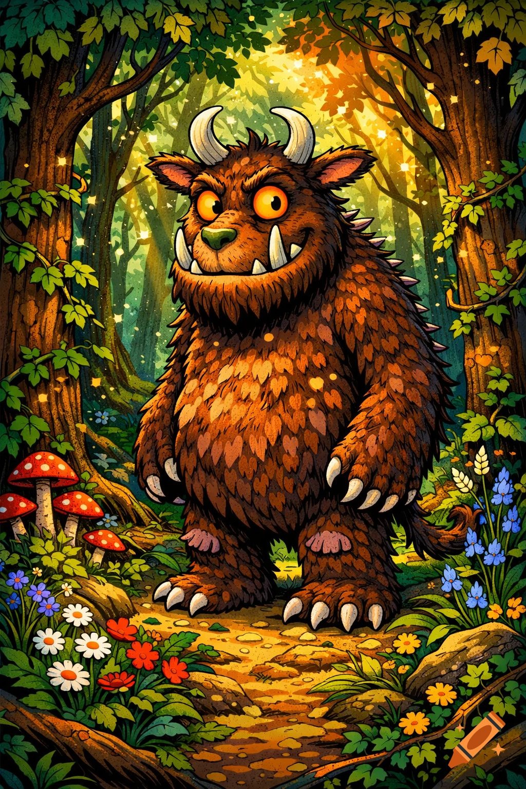 A friendly, furry brown monster with horns and fangs stands in a vibrant, sunlit forest with colorful flowers and mushrooms, illustration style.