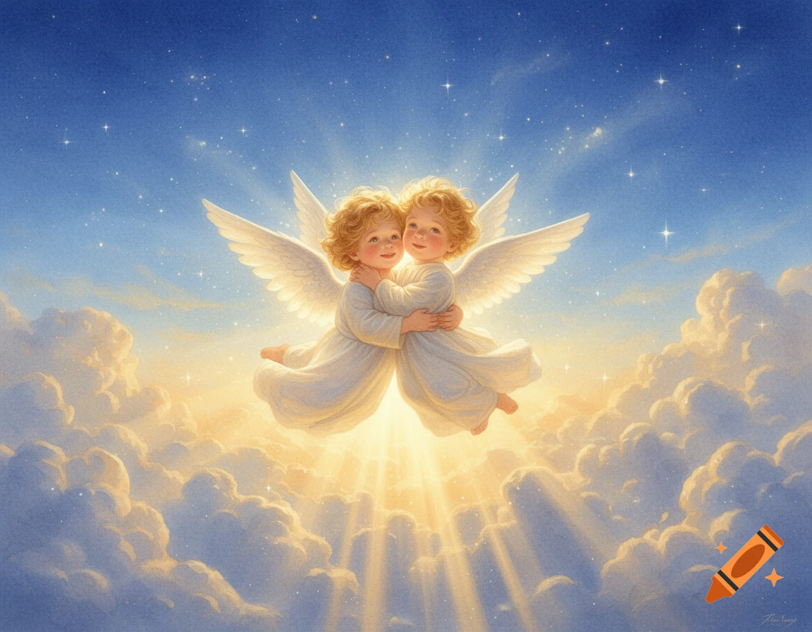 Two cherubic angels embracing in a starry blue sky with glowing clouds and sunbeams, in a classical painting style.