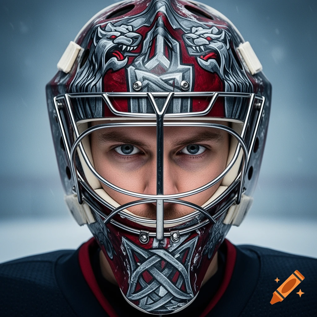 Close-up photorealistic portrait of a hockey goalie wearing a detailed red and gray mask with wolf designs, looking directly forward.
