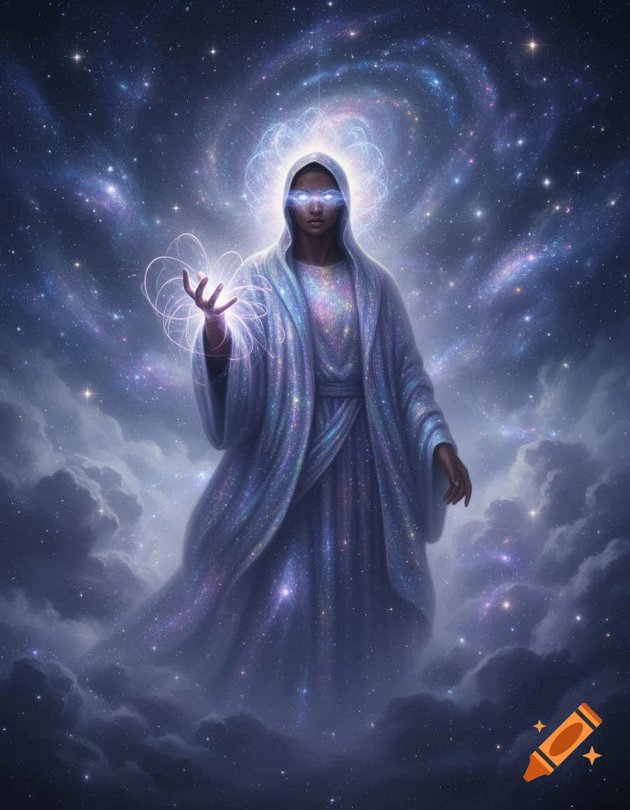 A robed figure with glowing eyes and hands radiates cosmic energy ...