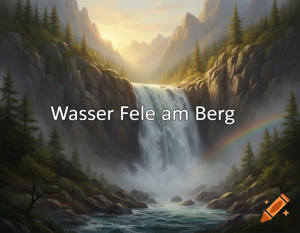 Fantasy landscape with a large waterfall cascading down rocky mountains, pine trees, sunset, and a rainbow. Text: Wasser Fele am Berg.