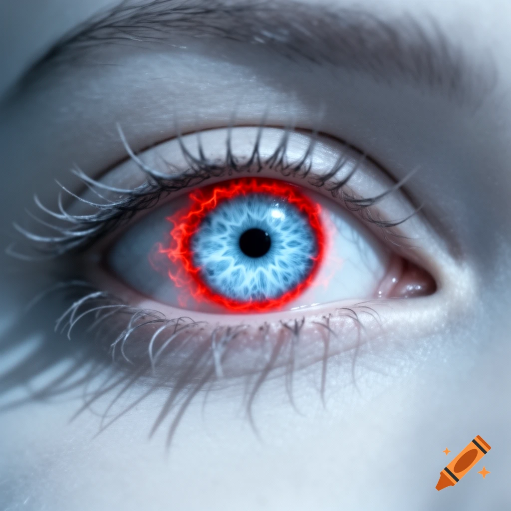 A close-up of a pale blue eye with a detailed iris, surrounded by a glowing, jagged red ring.