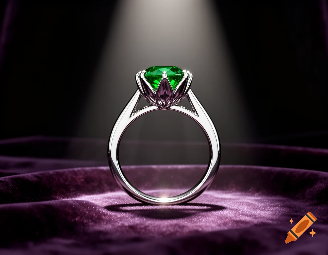 A silver ring with a large, faceted green emerald gemstone sits on a purple velvet surface under a spotlight.