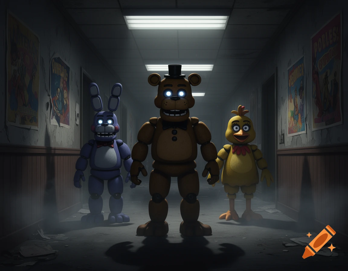 Three animatronics, Freddy Fazbear, Bonnie, and Chica, stand in a dark, smoky hallway with glowing eyes.