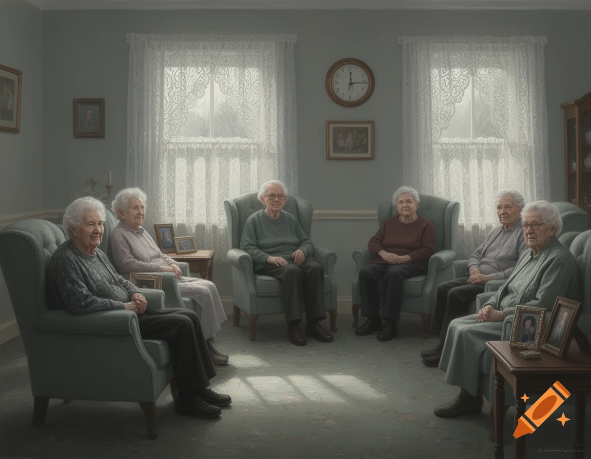 An illustration of six elderly people, three men and three women, sitting in armchairs in a living room with white lace curtains.
