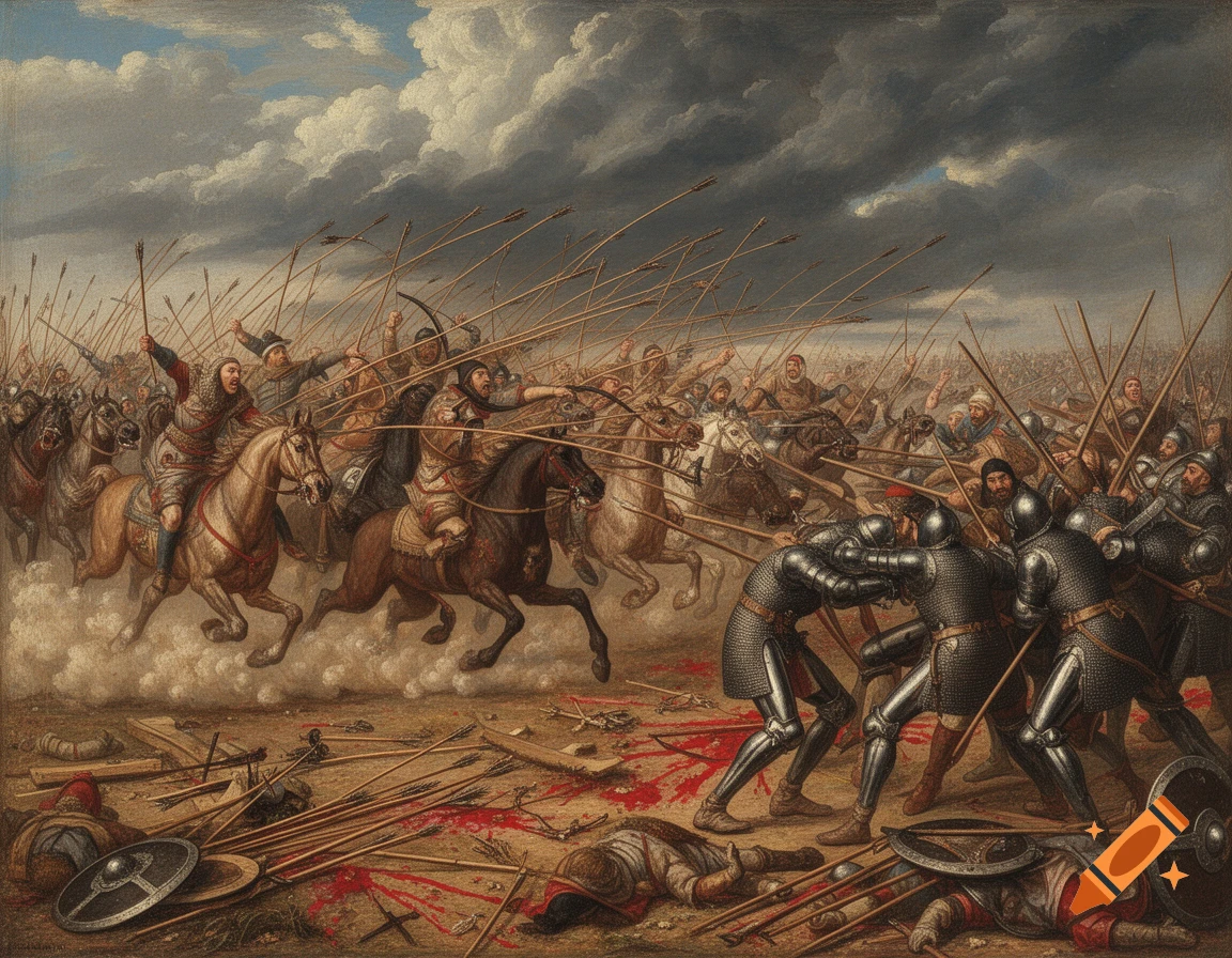 A chaotic medieval painting of a battle, with Turkic horse archers and European armored footmen, arrows flying, and fallen soldiers on the blood-stained ground.