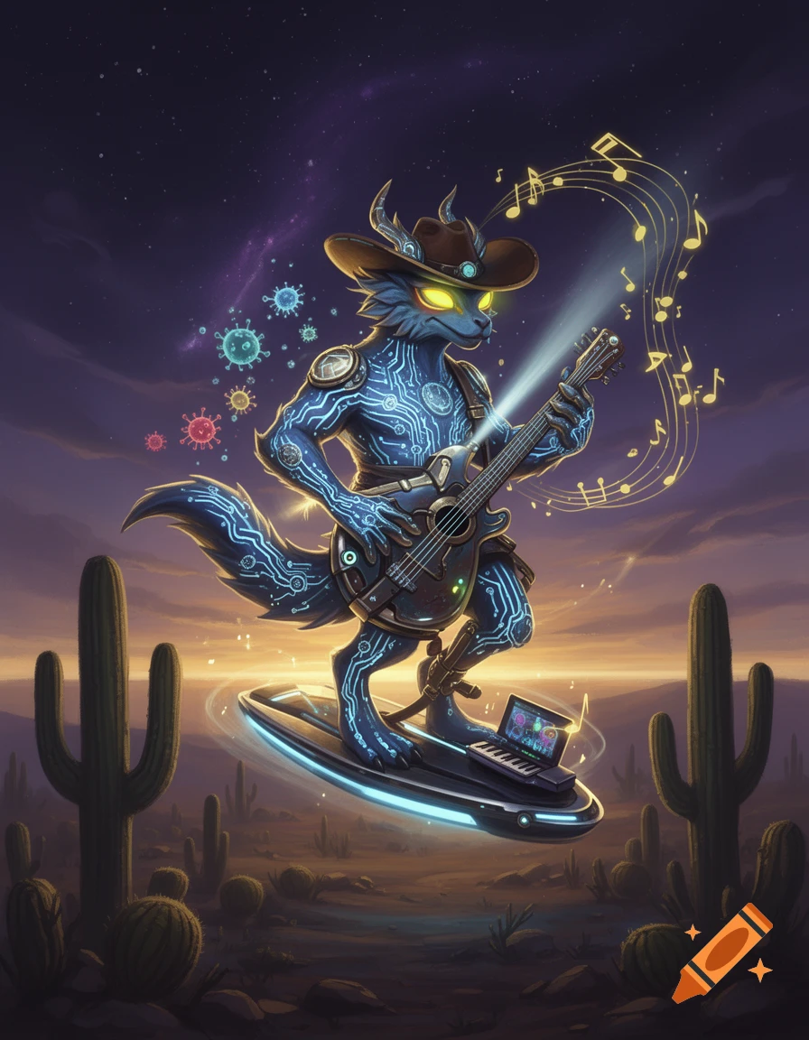 A futuristic blue circuit-patterned monster with a cowboy hat plays an electric guitar while floating on a hoverboard in a desert at night.