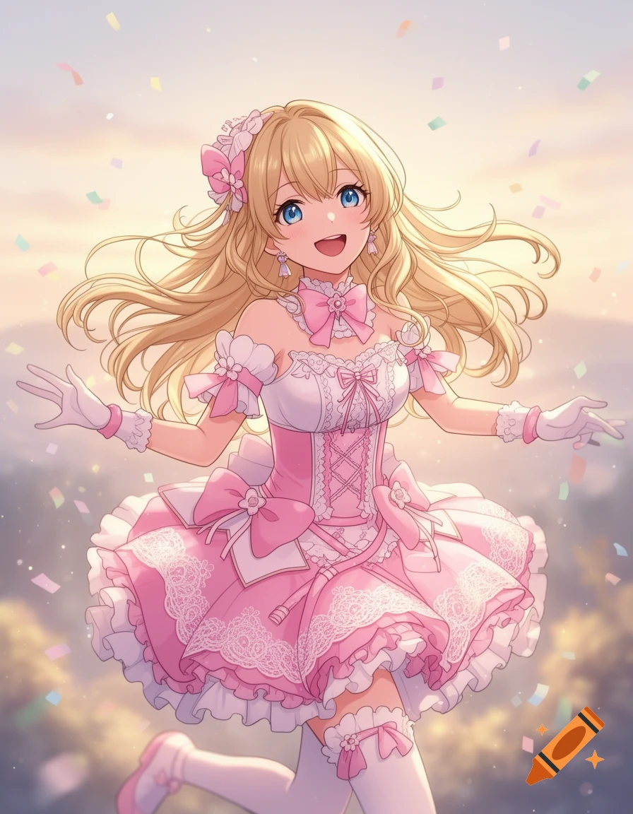 An excited blonde anime girl in a pink frilly idol dress smiles joyfully amidst falling confetti.