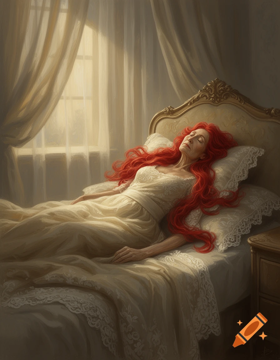 A classical painting of an older woman with long red hair sleeping in a lavish bed with lace bedding, bathed in soft window light.