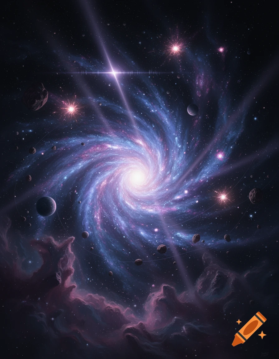A vibrant spiral galaxy with a bright core, surrounded by sparkling stars, planets, asteroids, and purple nebulae in deep space.