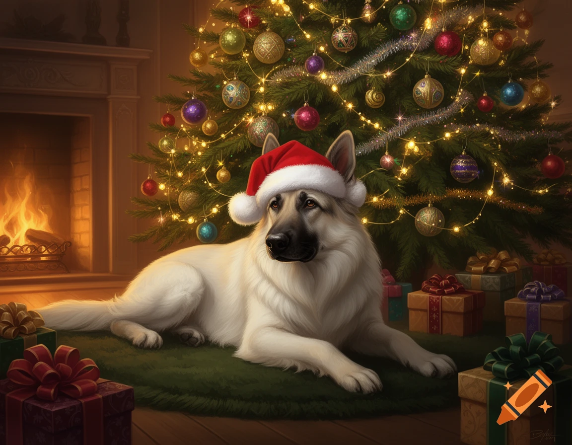 A white German Shepherd dog in a red Santa hat lies on a green rug in front of a brightly lit Christmas tree and fireplace, surrounded by presents.