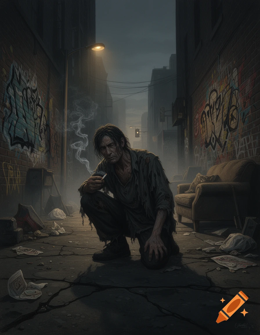 A disheveled man crouches in a dark, graffiti-filled alley, smoking a cigarette under a dim streetlamp, amidst trash and an old sofa. Photorealistic style.