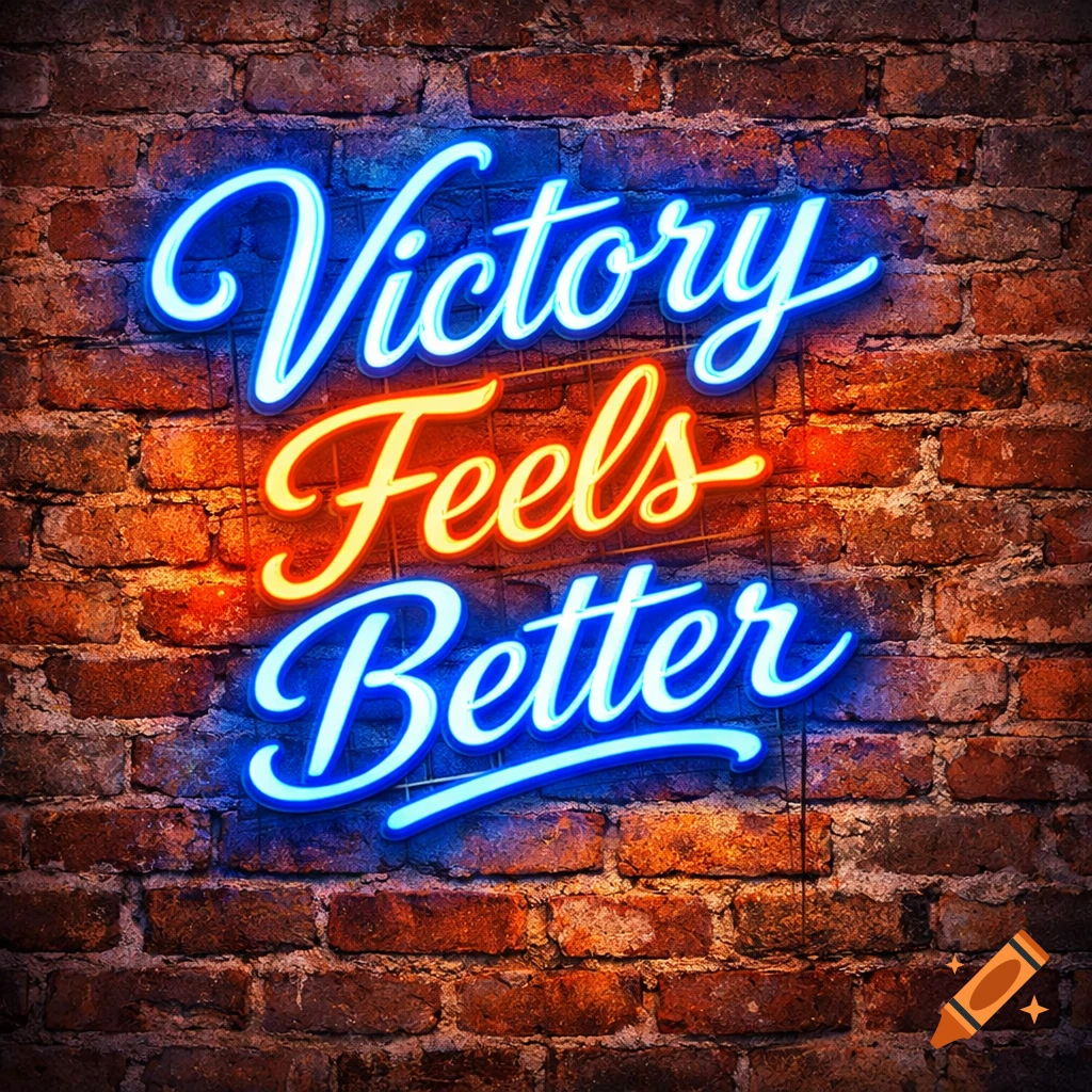 A vibrant blue and orange neon sign spelling 'Victory Feels Better' mounted on a weathered brick wall.