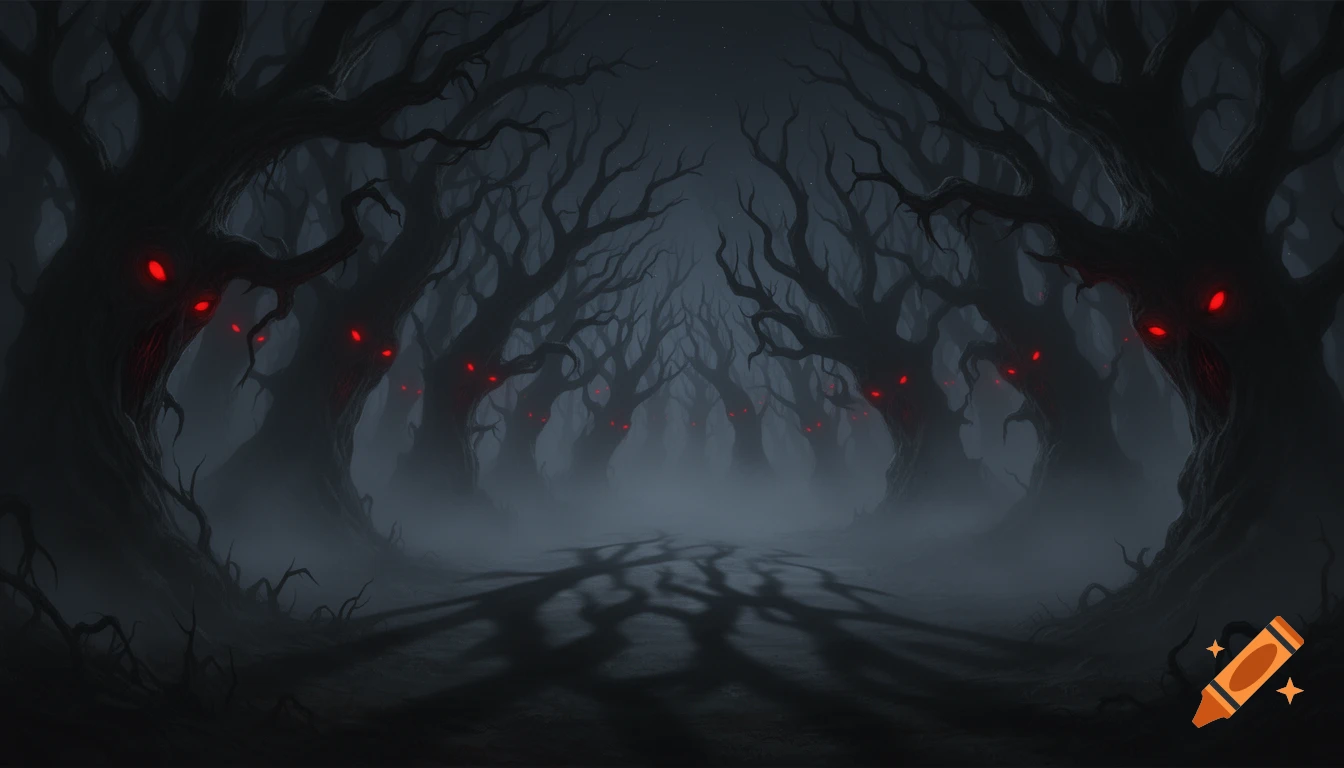 Dark, foggy, eerie forest at night with gnarled trees and many glowing ...