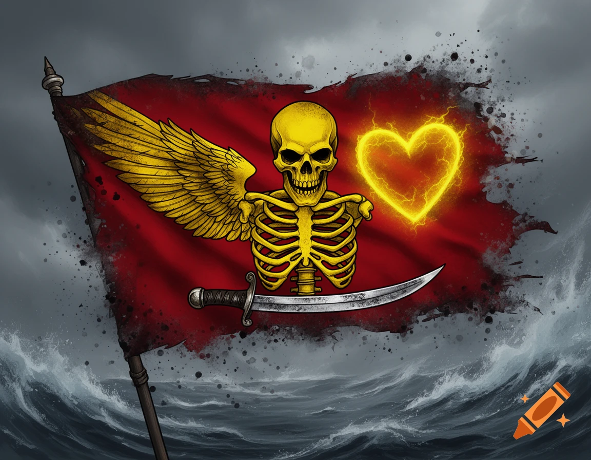 A tattered red pirate flag featuring a yellow skeleton with a golden wing, a glowing heart, and a sword, flying over stormy seas.