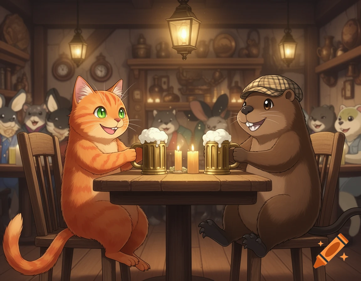 A cartoon ginger cat and a beaver in a plaid cap share foamy mugs at a wooden table in a dimly lit village pub.