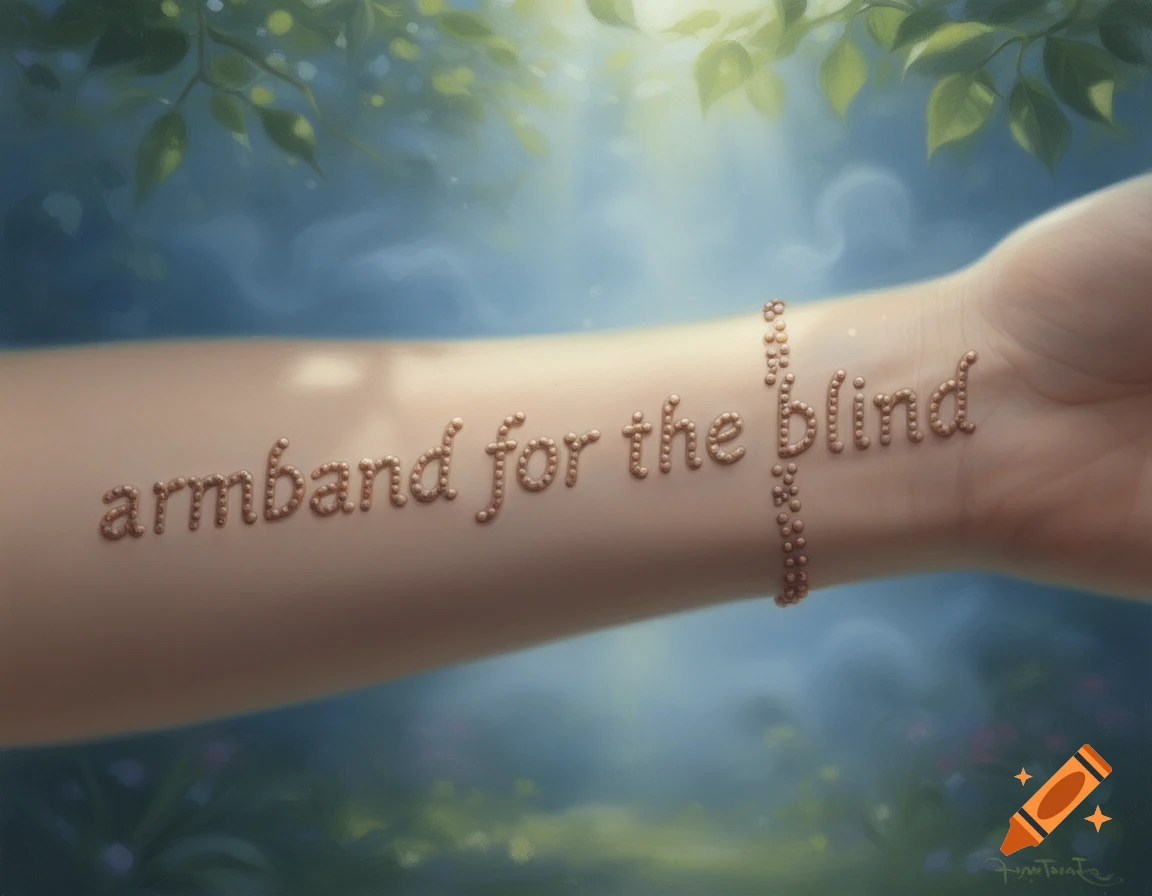 A human arm displays raised, braille-like text spelling 'armband for the blind' on its forearm, illuminated by soft sunlight in a lush setting.