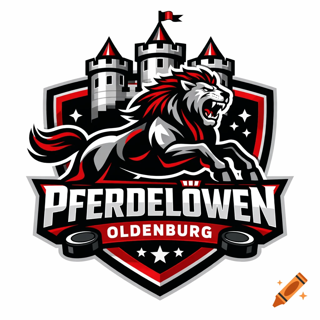 Vibrant sports logo featuring a roaring lion-horse creature against a castle, with 'Pferdelöwen Oldenburg' text.