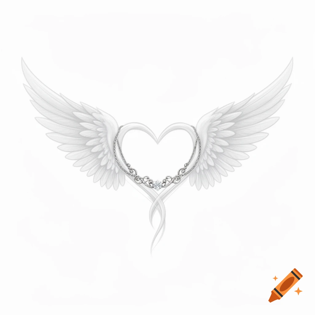 Elegant white angel wings forming a heart shape, adorned with a delicate, sparkling silver chain illustration.