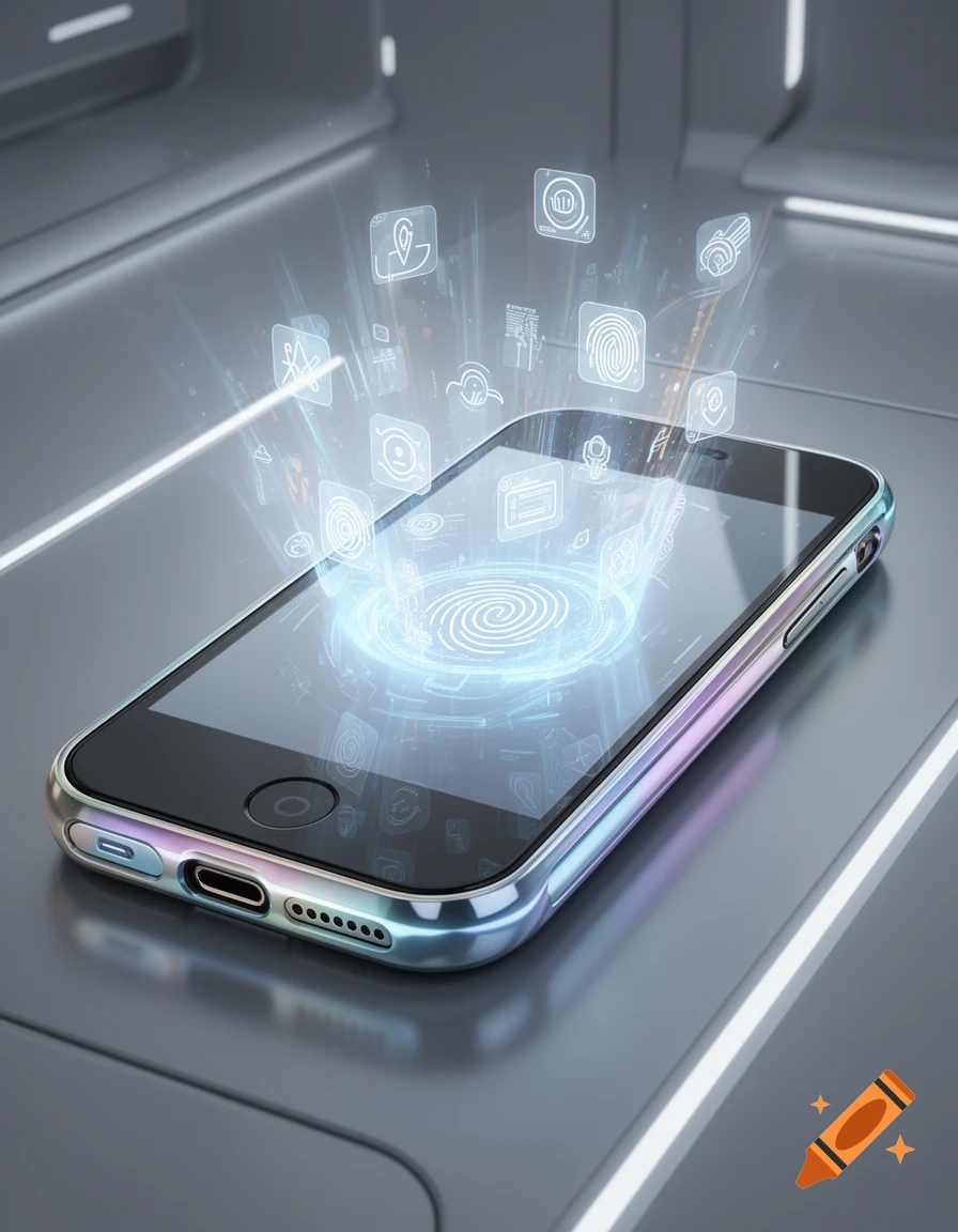 A futuristic smartphone with a glowing holographic interface displaying abstract app icons, resting on a sleek metallic surface.