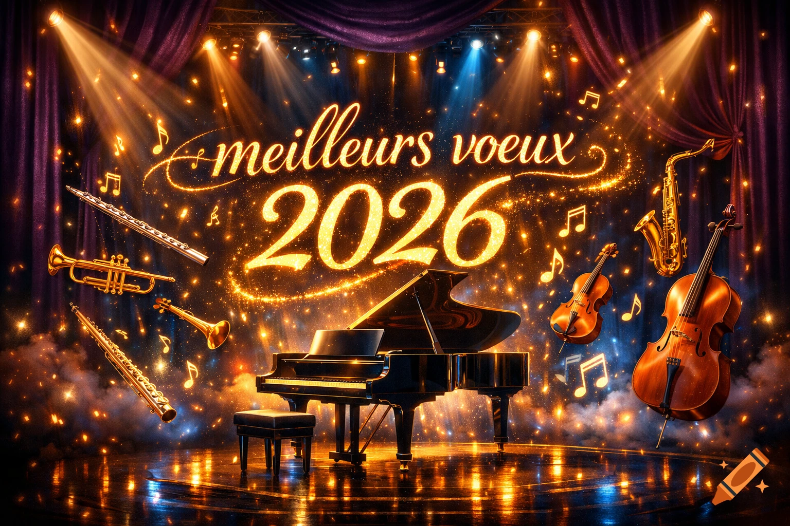 Sparkling stage with a grand piano, floating musical instruments, and golden text "meilleurs voeux 2026".