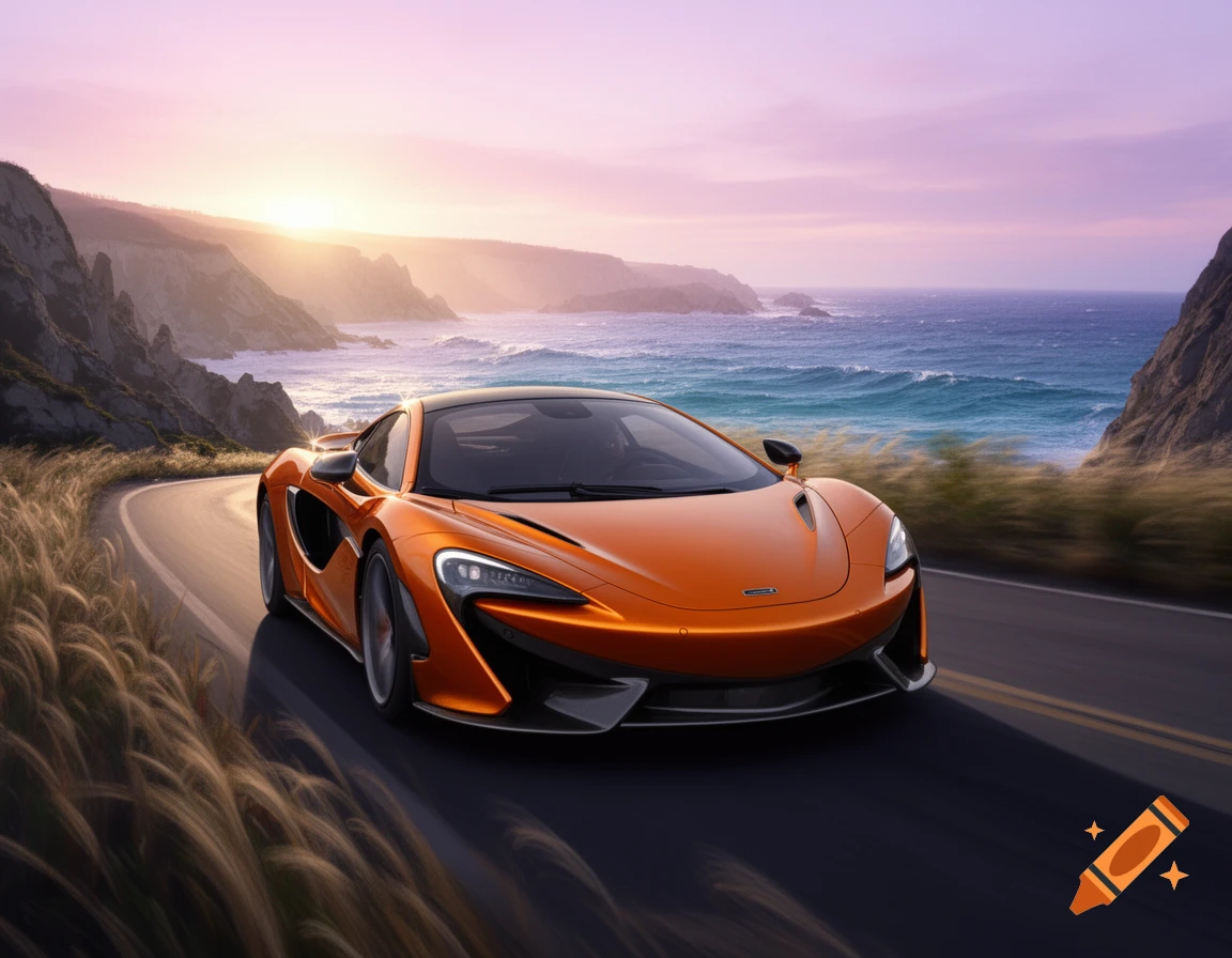 An orange McLaren sports car drives on a winding coastal road during a vibrant sunset, with cliffs and ocean waves in the background.