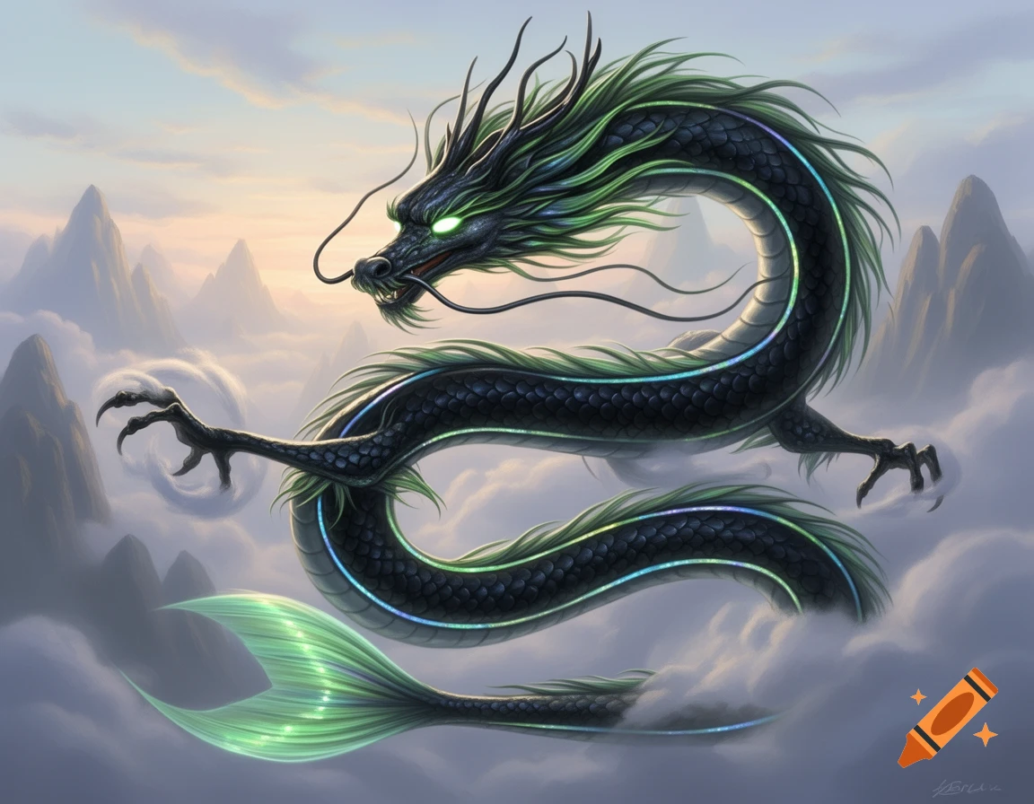 A black serpentine dragon with green and blue highlights, glowing eyes ...