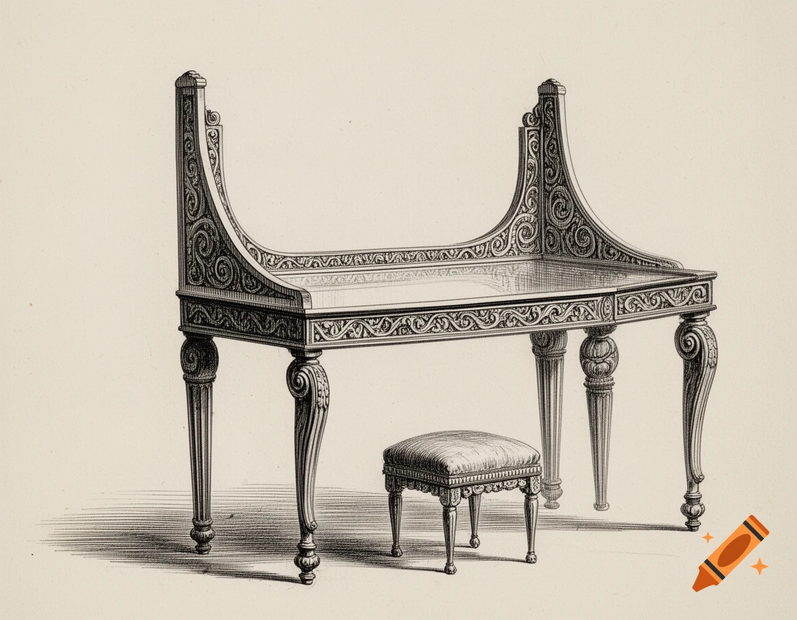 Detailed black and white drawing of an ornate Roman-style dressing table with decorative carvings and a matching stool.