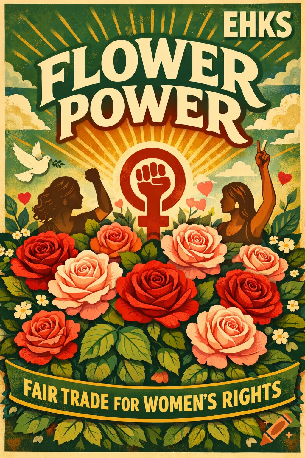 A vintage-style 'Flower Power' poster with silhouetted women, roses, a dove, and a feminist symbol. Text reads 'Fair Trade for Women's Rights'.