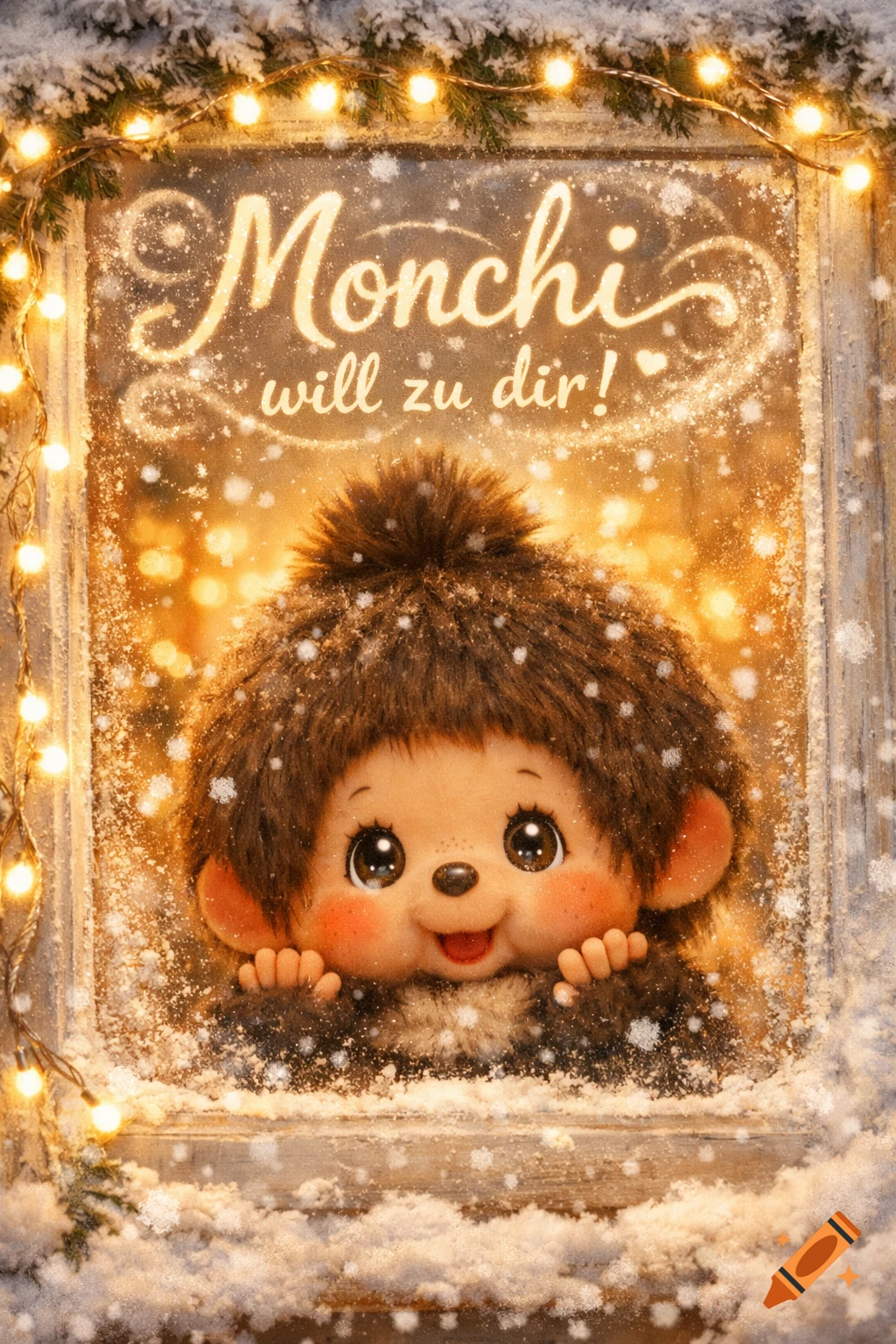 A cute Monchhichi-like creature peeking through a snowy window adorned with warm lights, with the text 'Monchi will zu dir!' on the glass.