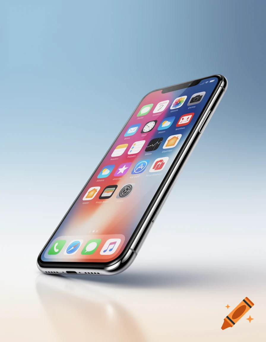 A sleek silver iPhone with its screen displaying colorful app icons, floating above a reflective surface with a blue and beige gradient background.
