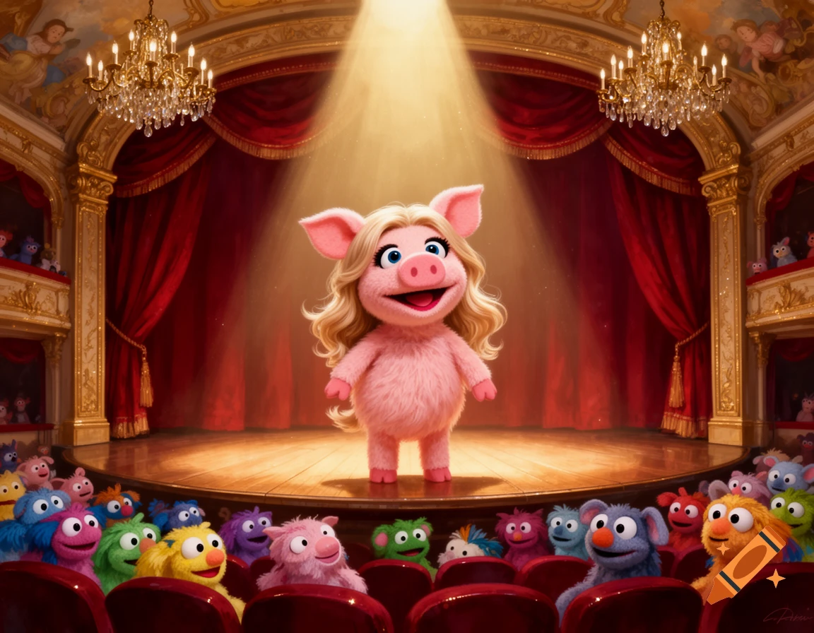 A hyper-realistic pink pig muppet with blonde hair stands on a spotlighted theater stage, watched by a diverse muppet audience.