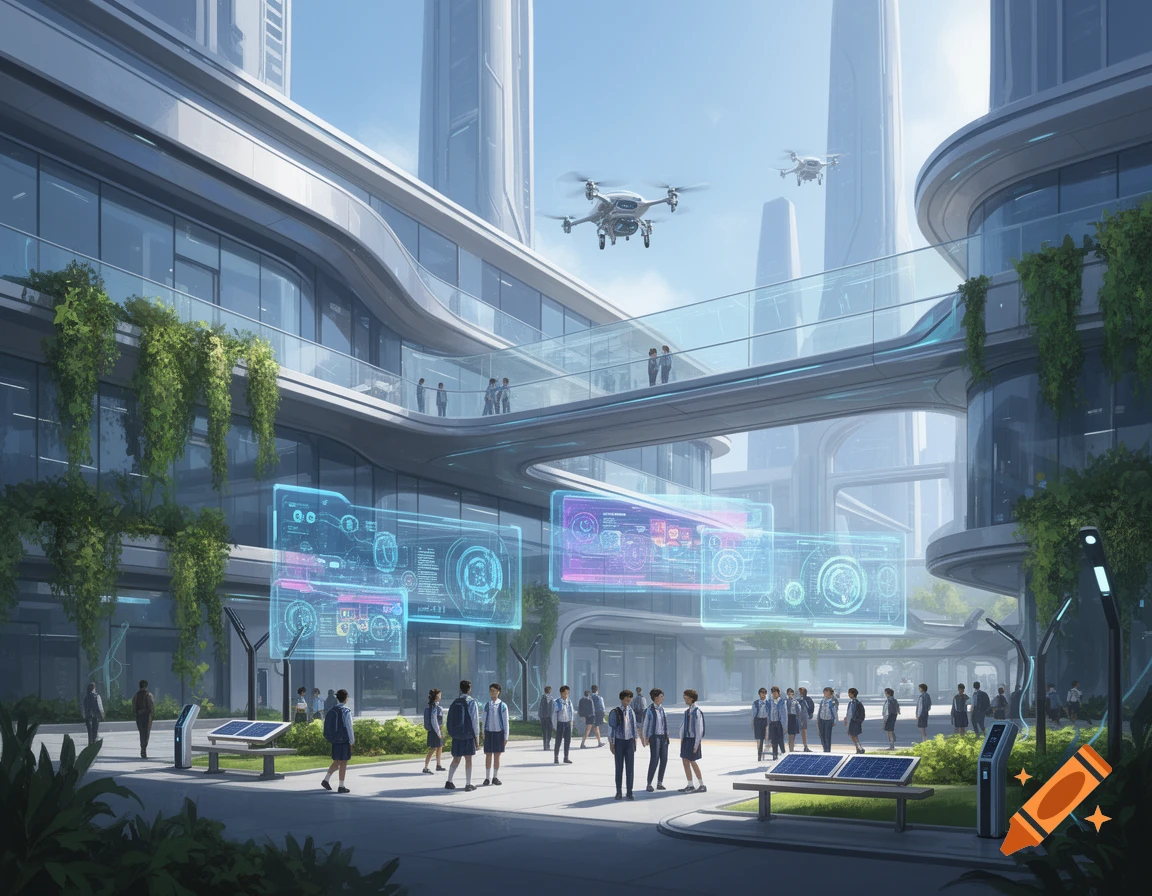A photorealistic image of a futuristic school campus with students ...