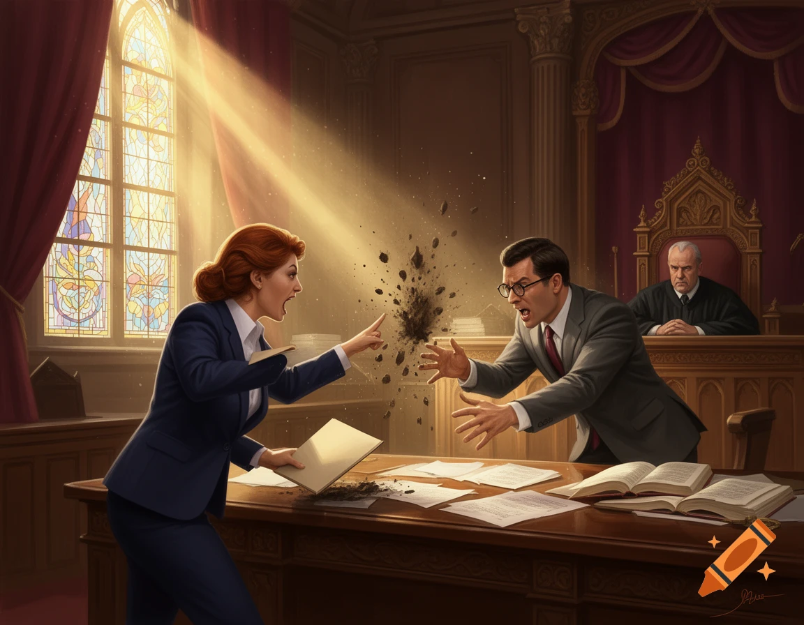 Dramatic illustration of a female and male lawyer arguing intensely in a courtroom, with debris flying between them, as a judge looks on.