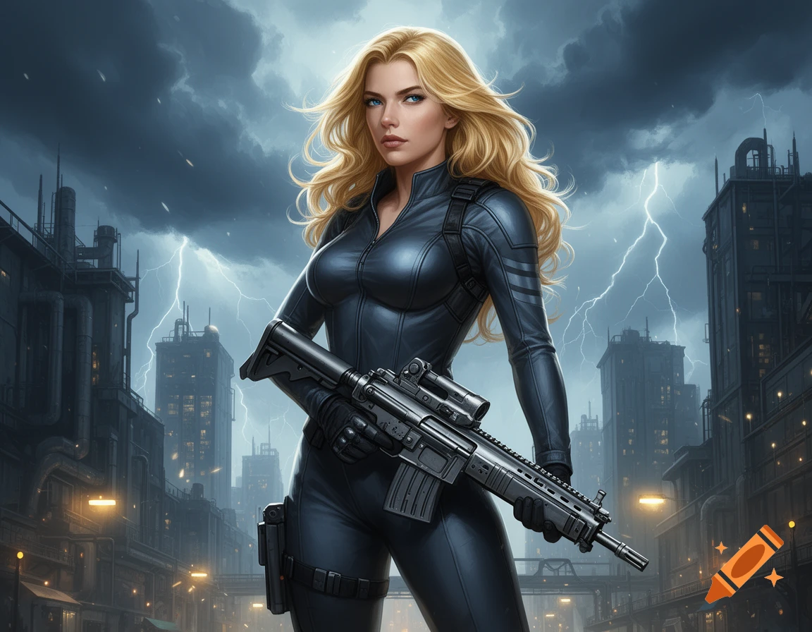 A blonde woman in a black tactical suit holds a machine gun, standing in a stormy cityscape with lightning.