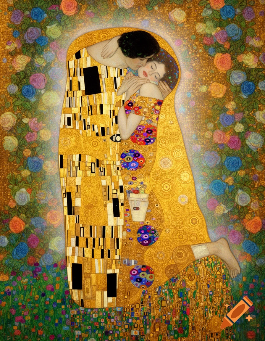 A couple embraces, wrapped in golden, patterned robes, surrounded by a vibrant field of flowers, in the style of Gustav Klimt's 'The Kiss'.
