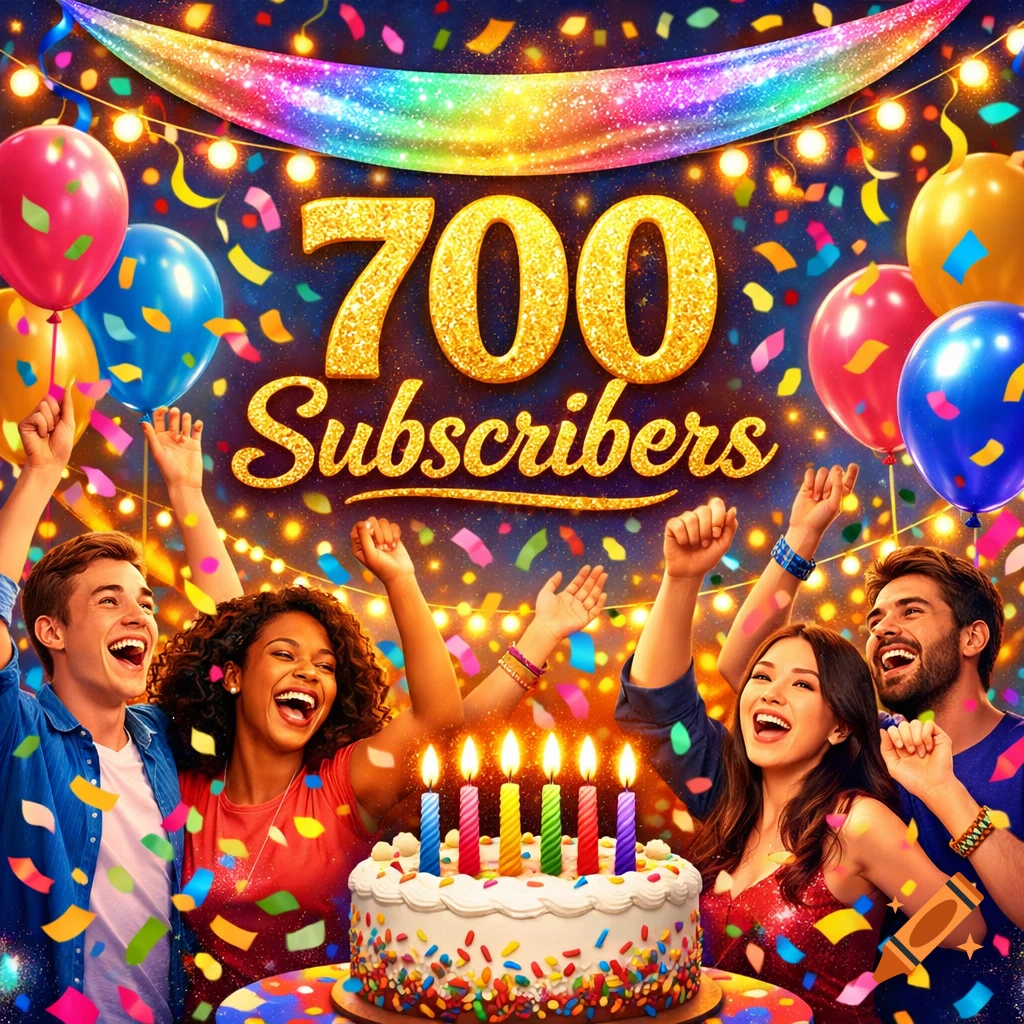 Four joyful people celebrate '700 Subscribers' with a cake, colorful balloons, and confetti at a vibrant party.