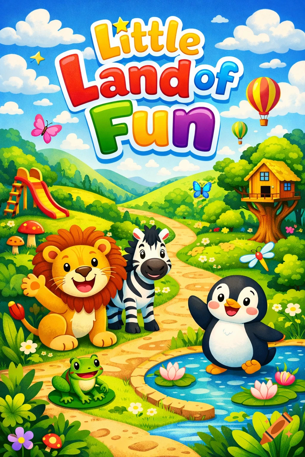 A vibrant cartoon illustration of 'Little Land of Fun' theme park, with a smiling lion, zebra, penguin, and frog on a path, treehouse, slide, and hot air balloons.