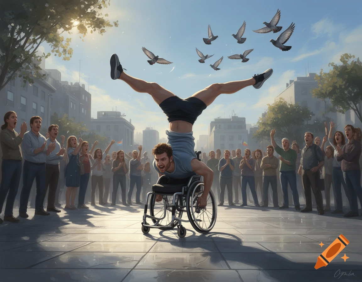 A man in a wheelchair performs a handstand in a sunny city square, surrounded by an applauding crowd and flying pigeons, in a realistic art style.