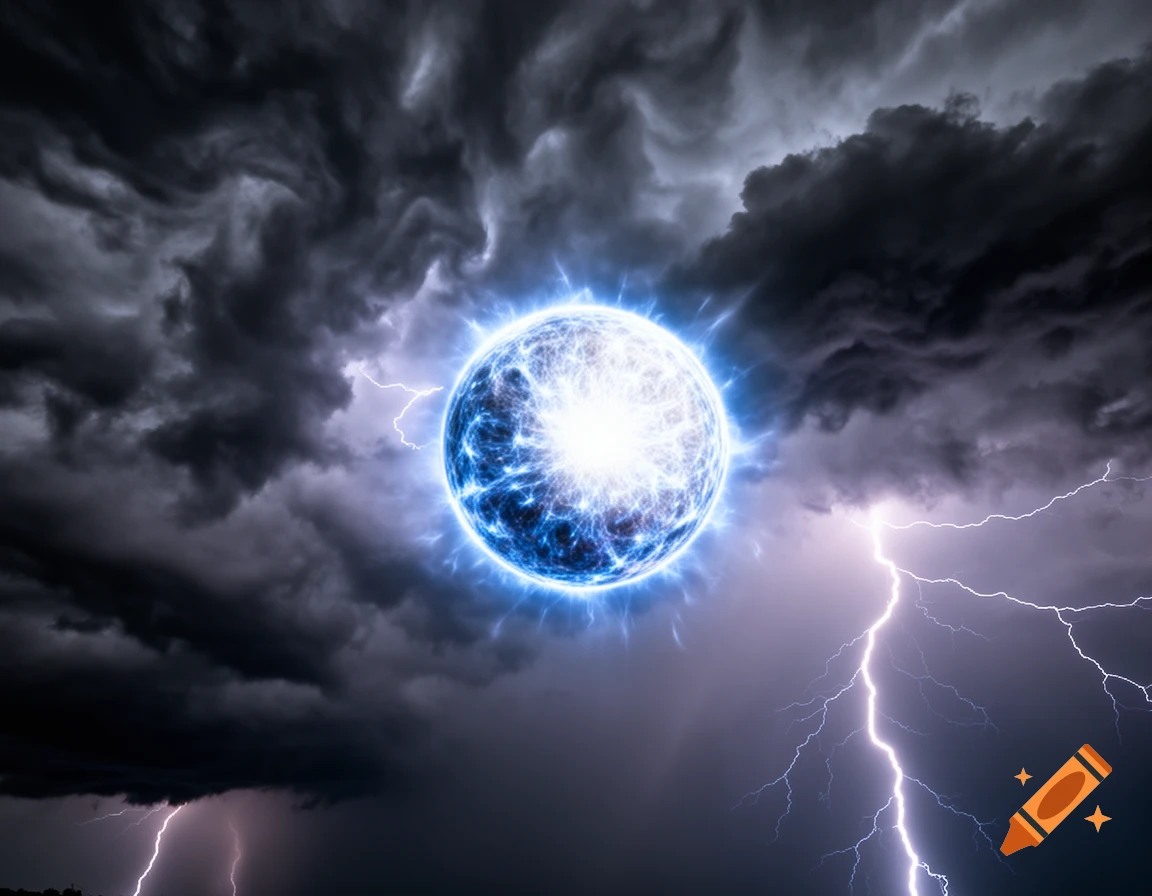 A glowing blue and white energy orb hovers in a dark, dramatic stormy sky with bolts of lightning striking below.