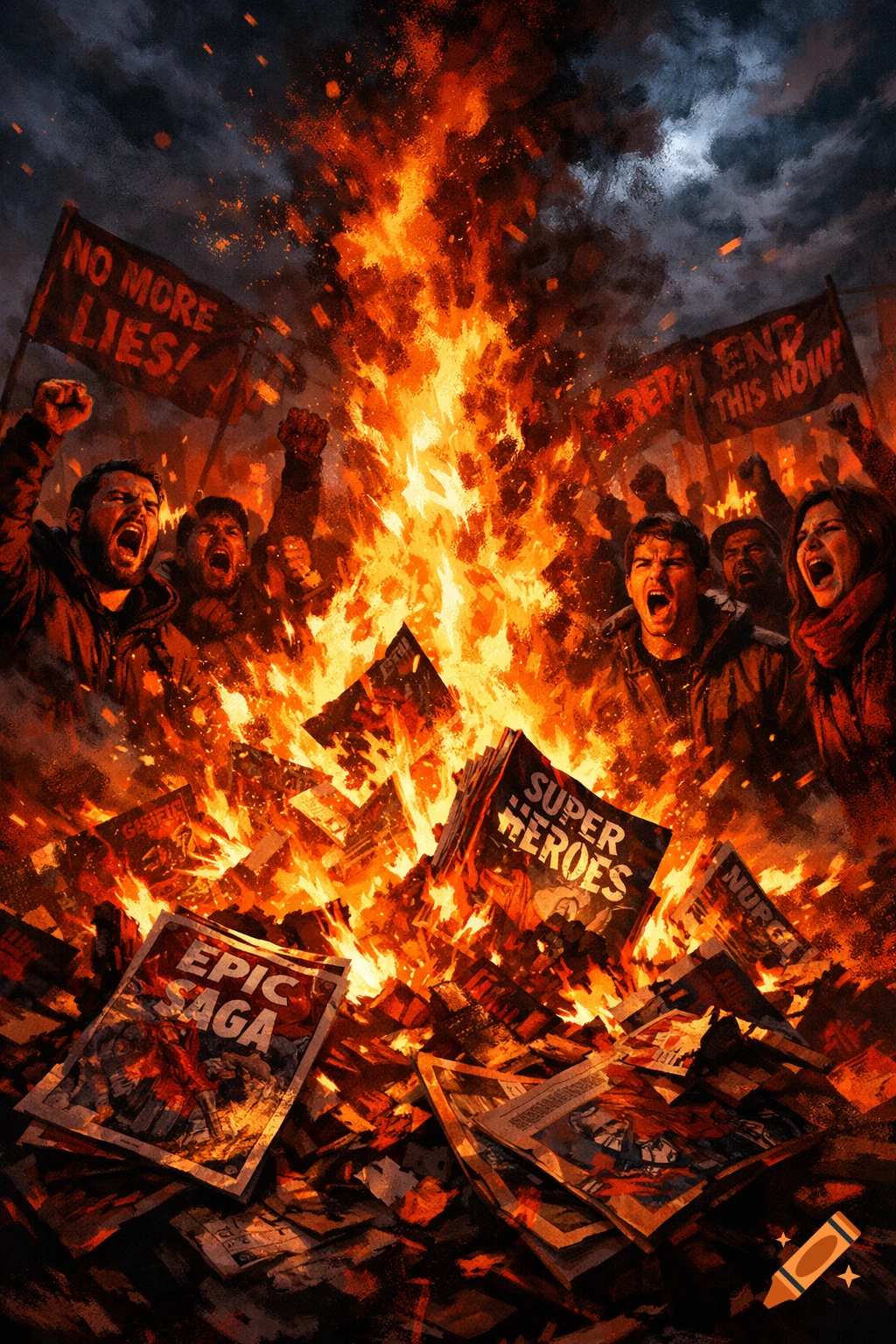 Angry protestors with raised fists burn comic books in a large, raging bonfire under a dramatic dark sky, with protest banners.
