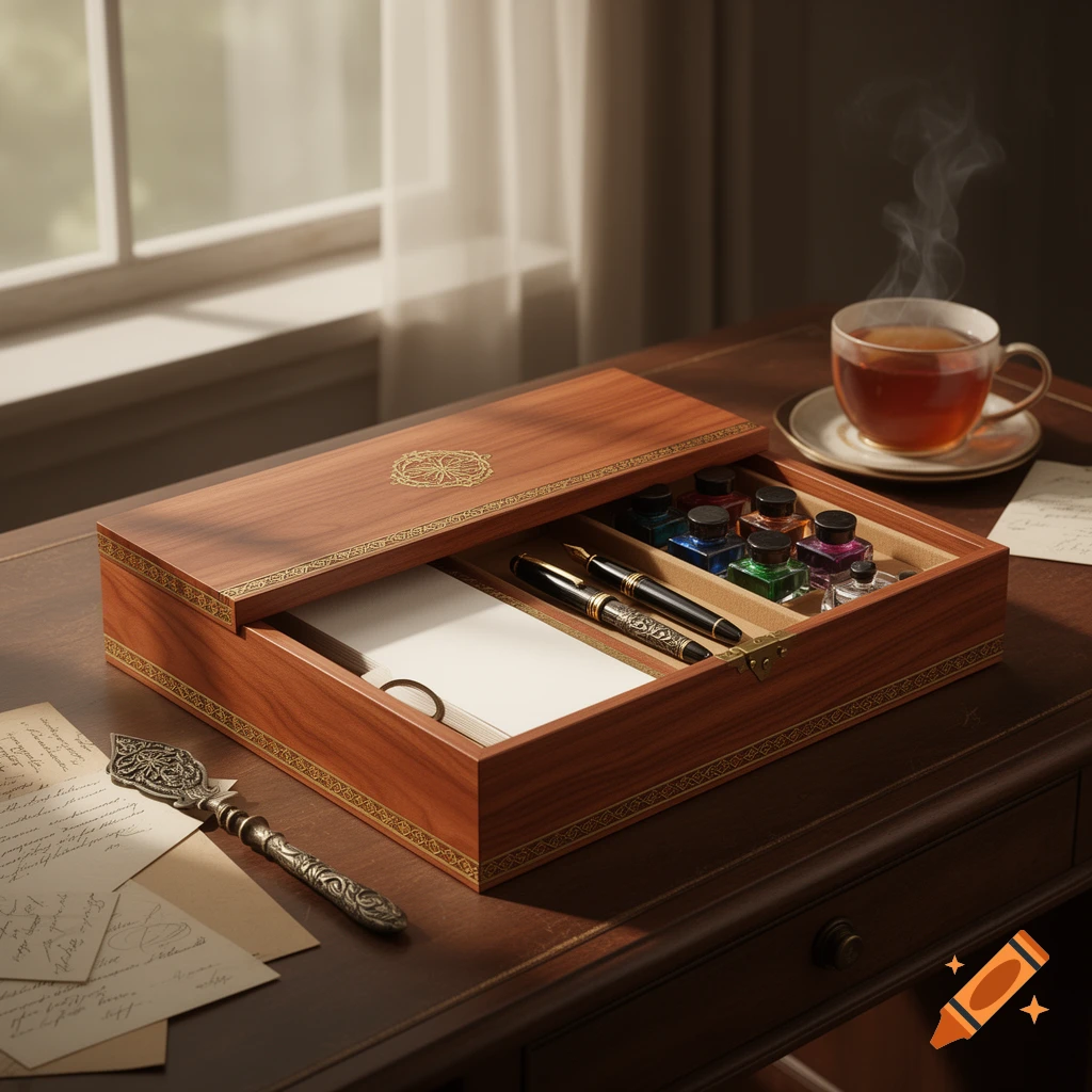 A decorative wooden stationery box with a hinged lid, containing fountain pens, ink bottles, and blank paper, sits on a dark wooden desk beside scattered handwritten letters and a steaming cup of tea, with a window in the background.