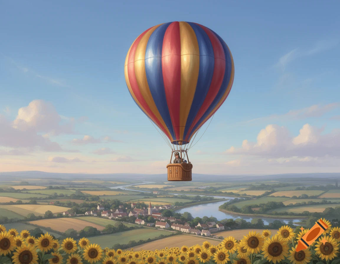 A colorful hot air balloon floats above a sunny landscape filled with golden sunflower fields, a winding river, and a charming village.