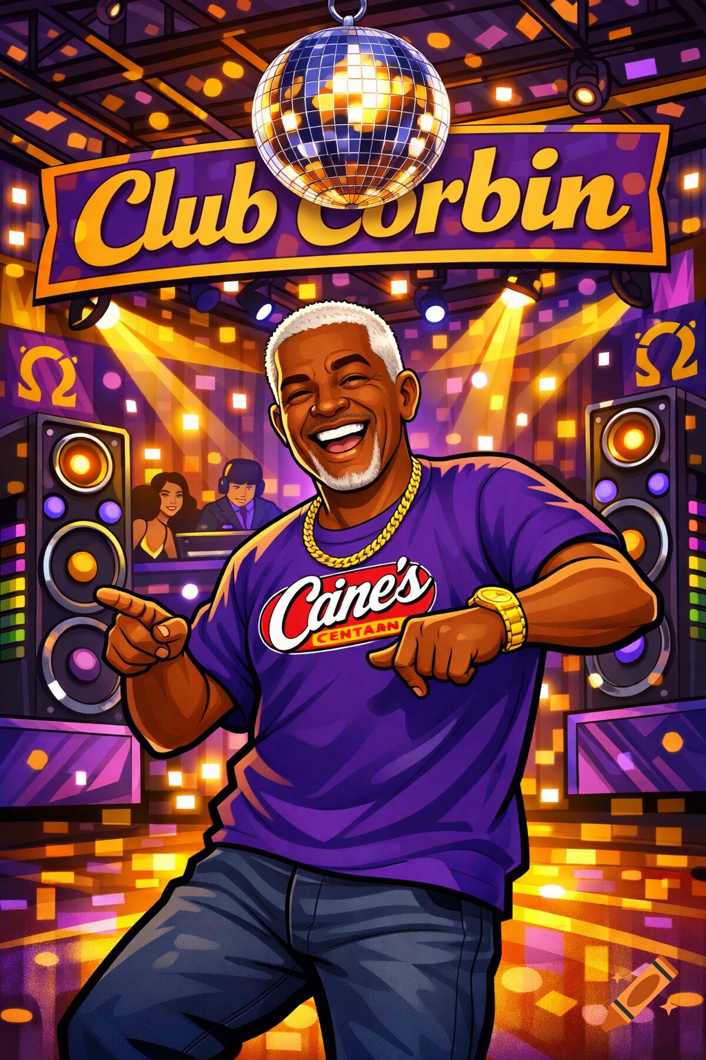 Vibrant cartoon of a smiling Black man with white hair and beard dancing in a purple t-shirt and jeans in a club with a disco ball, lights, and speakers.