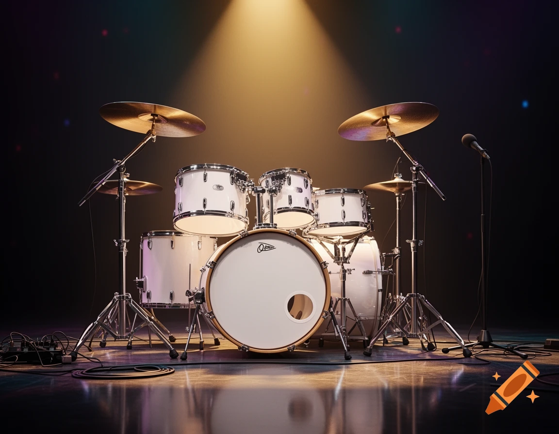 A white acoustic drum kit with cymbals and a microphone stand on a dark stage, illuminated by a warm spotlight from above.