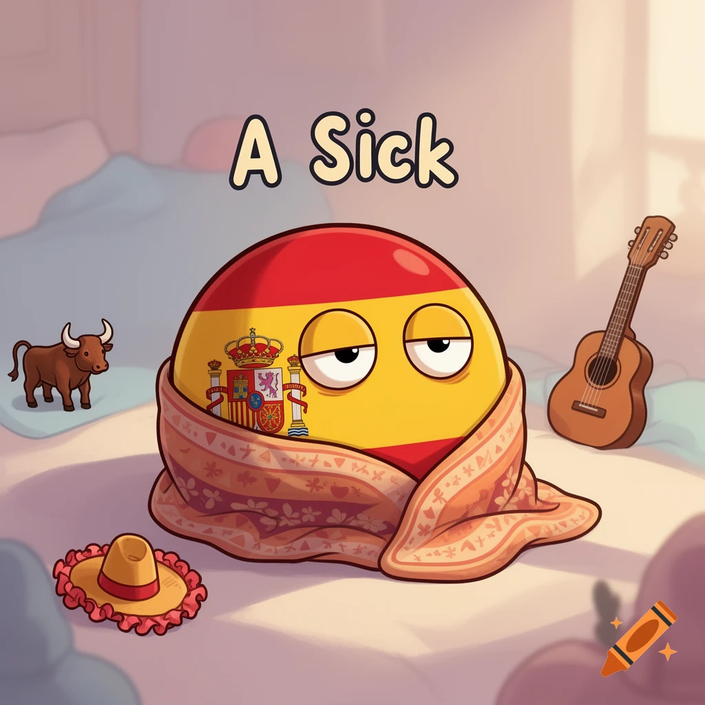 Cartoon Spain countryball wrapped in a blanket with 'A Sick' text, a bull, guitar, and sombrero in a room.