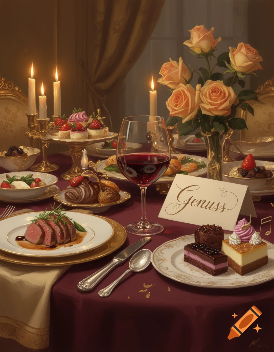 A photorealistic image of a lavish dining table set with candles, a glass of red wine, sliced meat, desserts, and roses.
